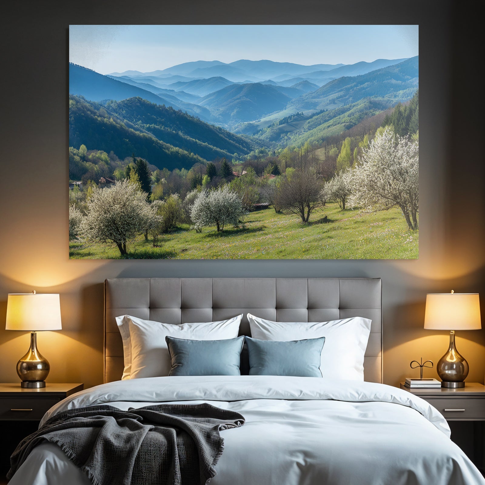 Malerische Landschaft Mit Berg Und Blühenden Bäumen Frühling