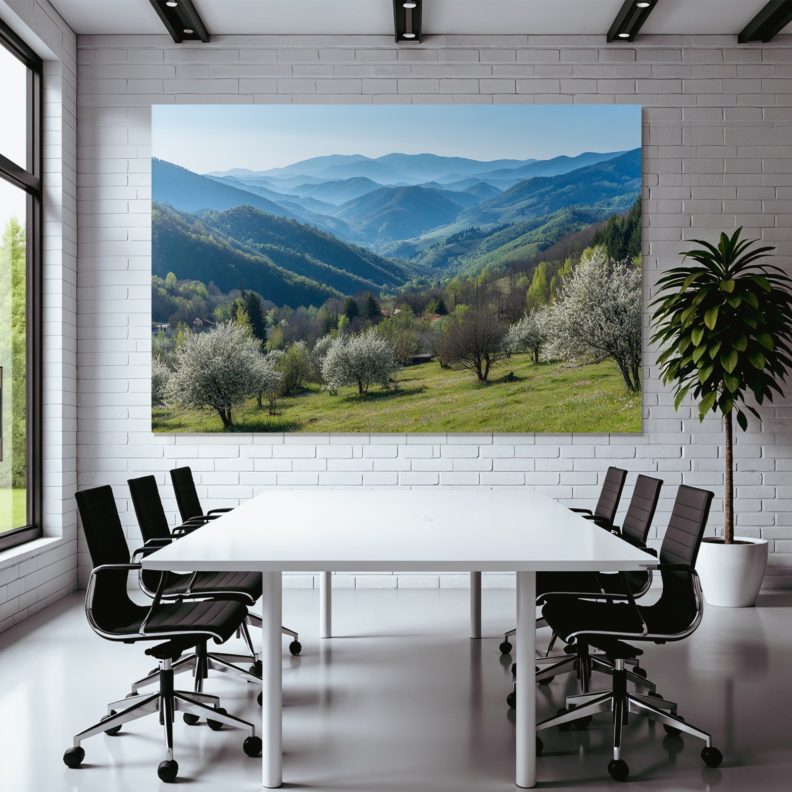 Malerische Landschaft Mit Berg Und Blühenden Bäumen Frühling
