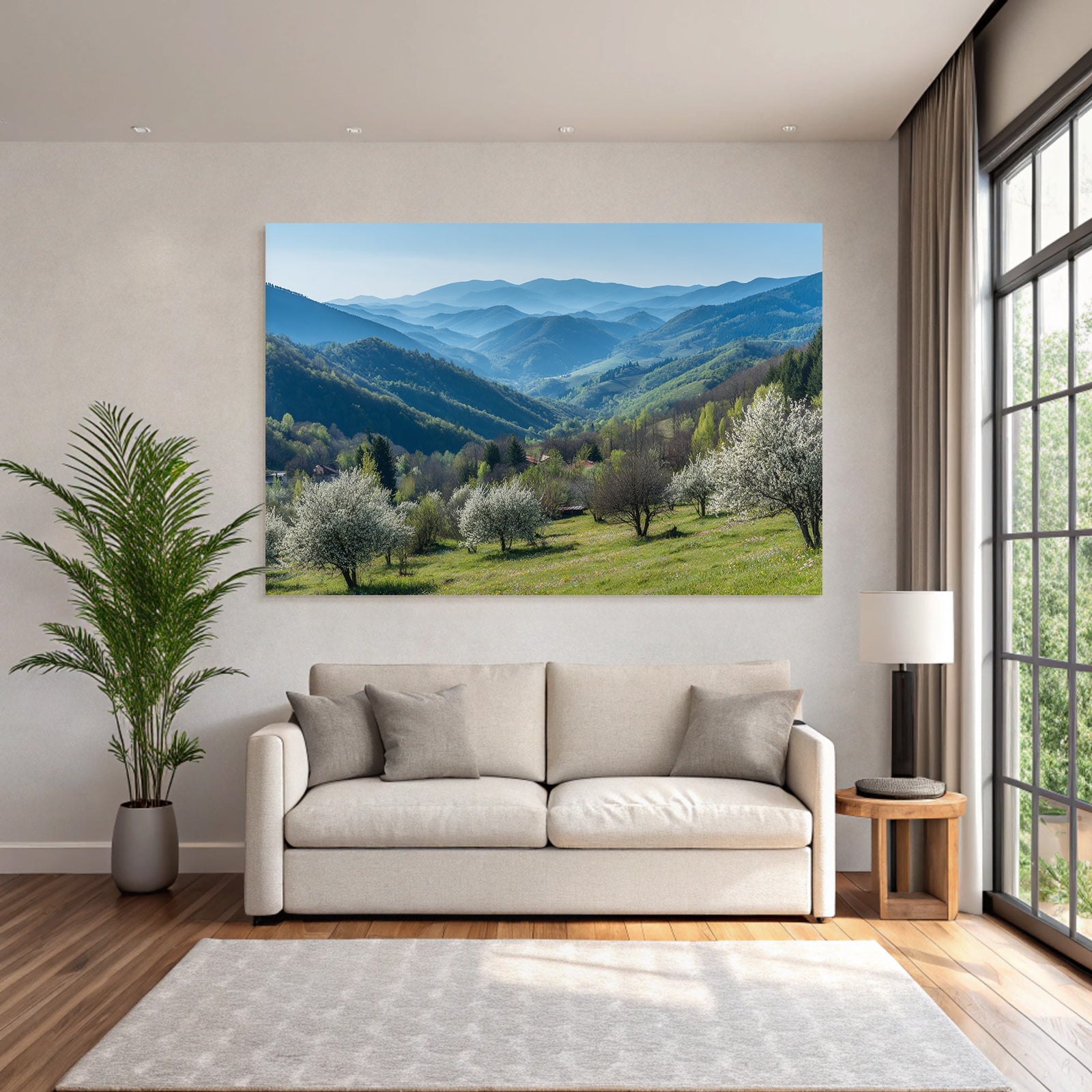 Malerische Landschaft Mit Berg Und Blühenden Bäumen Frühling