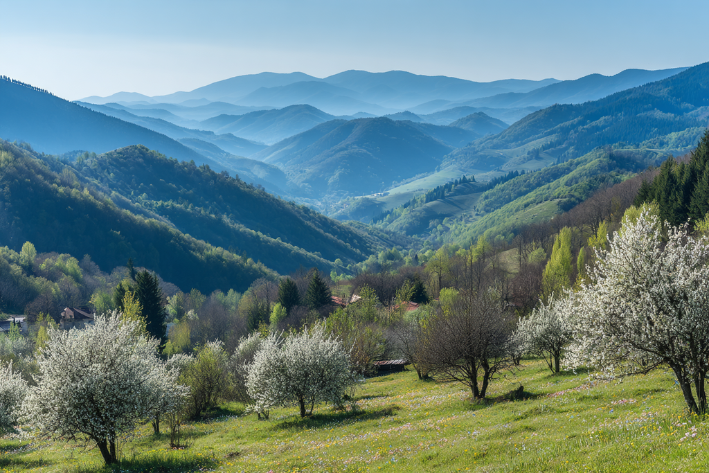 Malerische Landschaft Mit Berg Und Blühenden Bäumen Frühling | Fruehling | Jahreszeiten