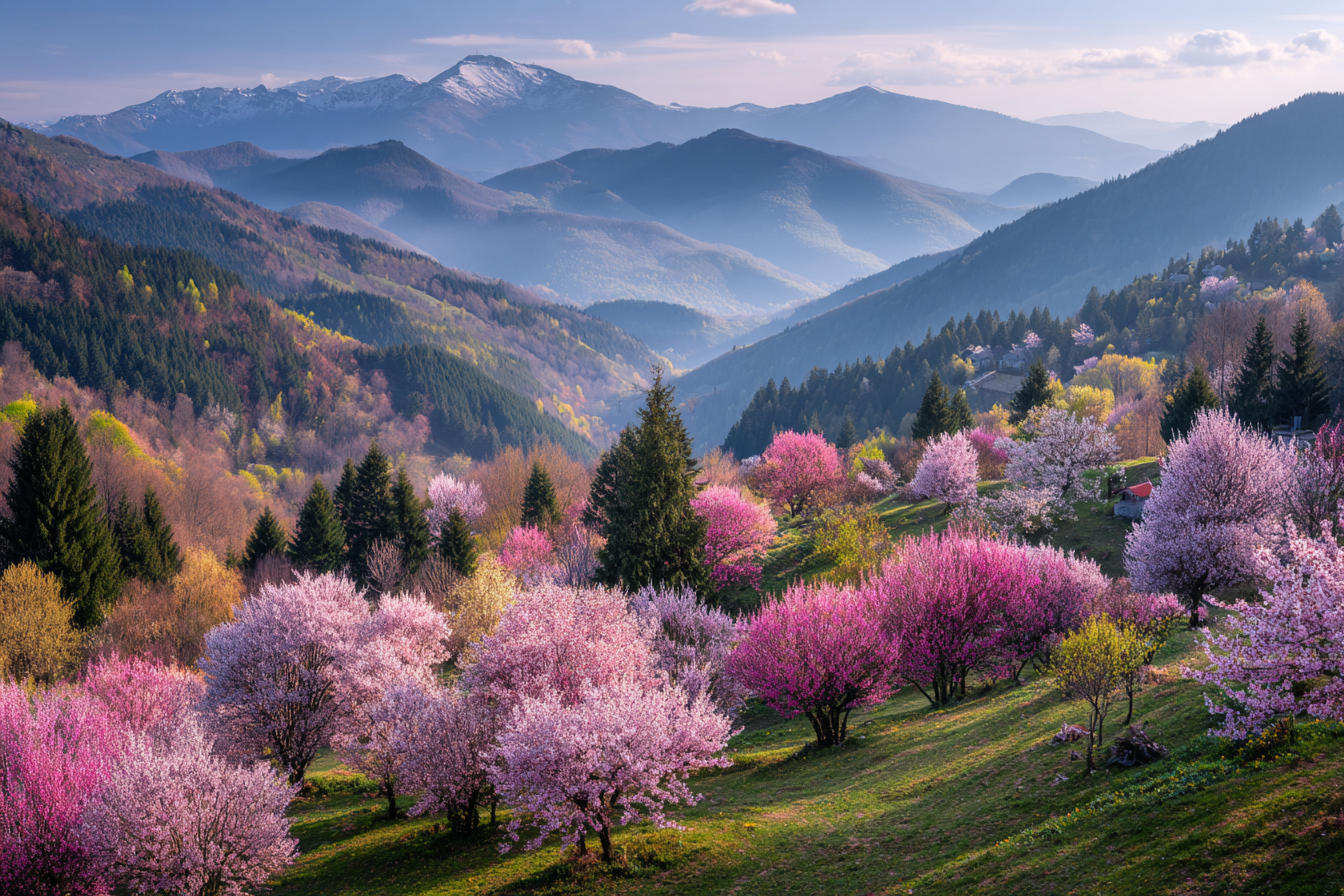 Malerische Landschaft Mit Blühenden Bäumen Und Schneebedeckten Bergen | Fruehling | Jahreszeiten
