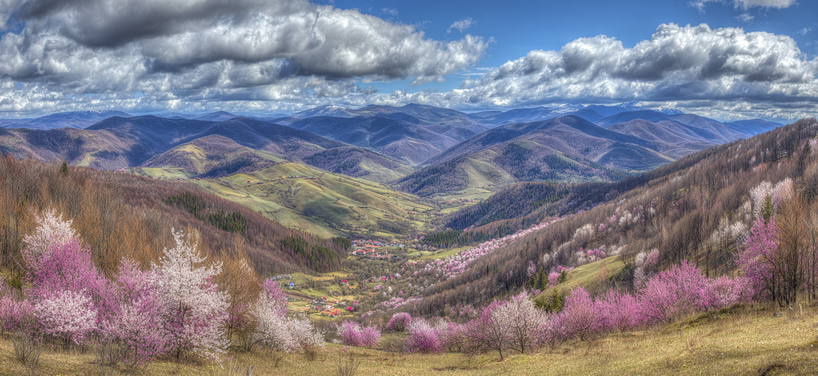 Panoramablick Auf Auffliedernde Höhlen Und Blütende Bäume Frühling | Fruehling | Jahreszeiten