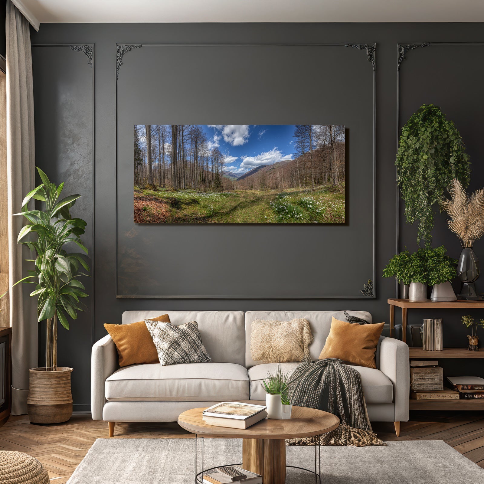Panoramablick Auf Waldlandschaft Mit Himmel Und Blumen