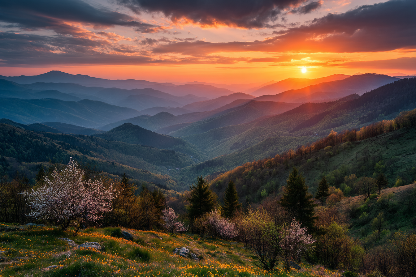 Rollende Gebirge Bei Sonnenuntergang Mit Blühenden Bäumen | Fruehling | Jahreszeiten