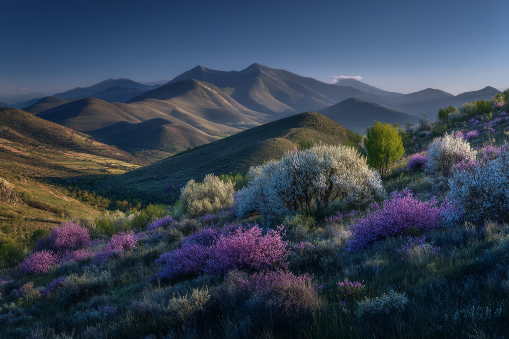 Ruhige Landschaft Bergige Hügel Bunte Blumen Sommer | Fruehling | Jahreszeiten