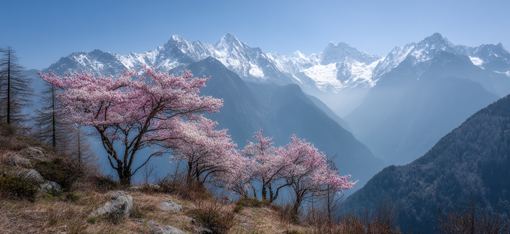 Schneebedeckte Berge Und Kirschblüten Im Frühling | Fruehling | Jahreszeiten