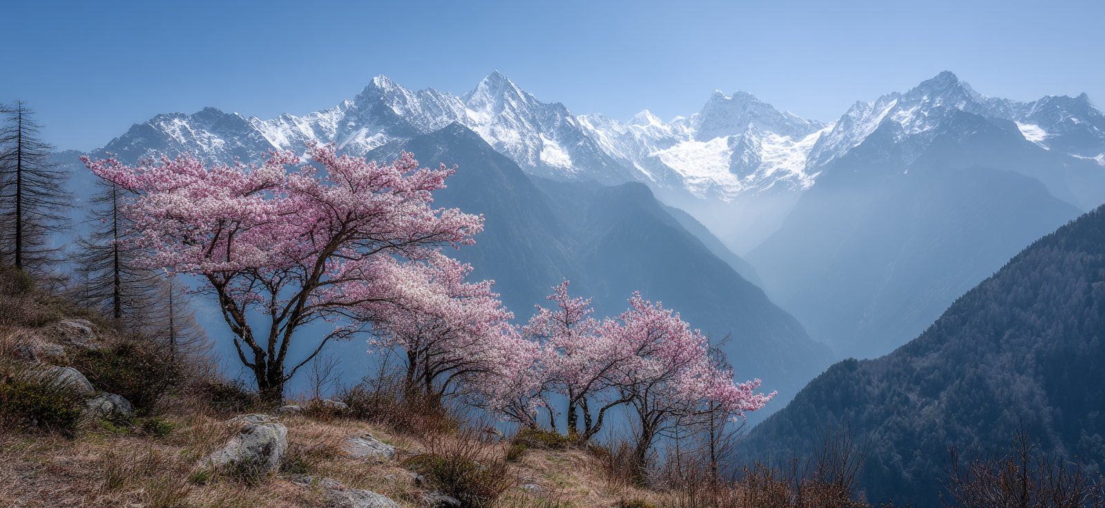 Schneebedeckte Berge Und Kirschblüten Im Frühling | Fruehling | Jahreszeiten