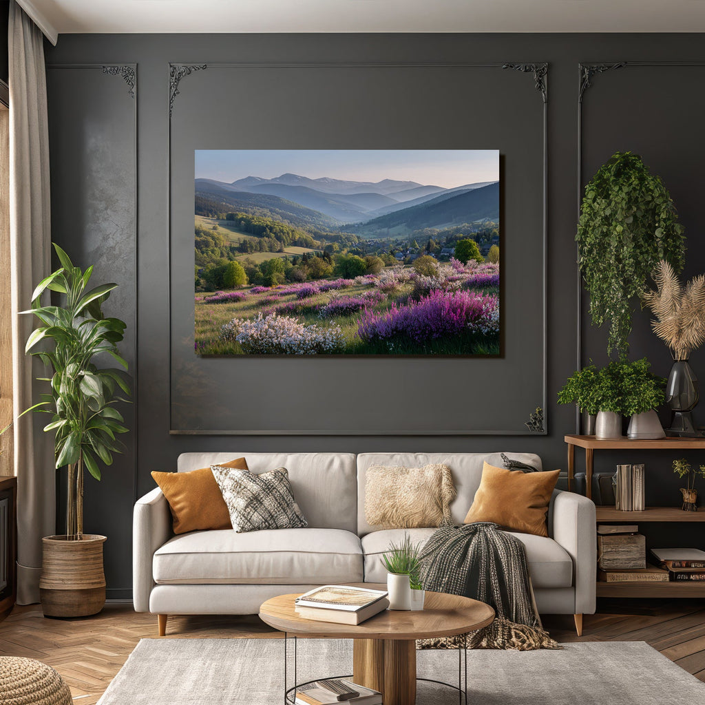 Wunderschöne Landschaft Mit Hügeln Und Blumen Im Vordergrund
