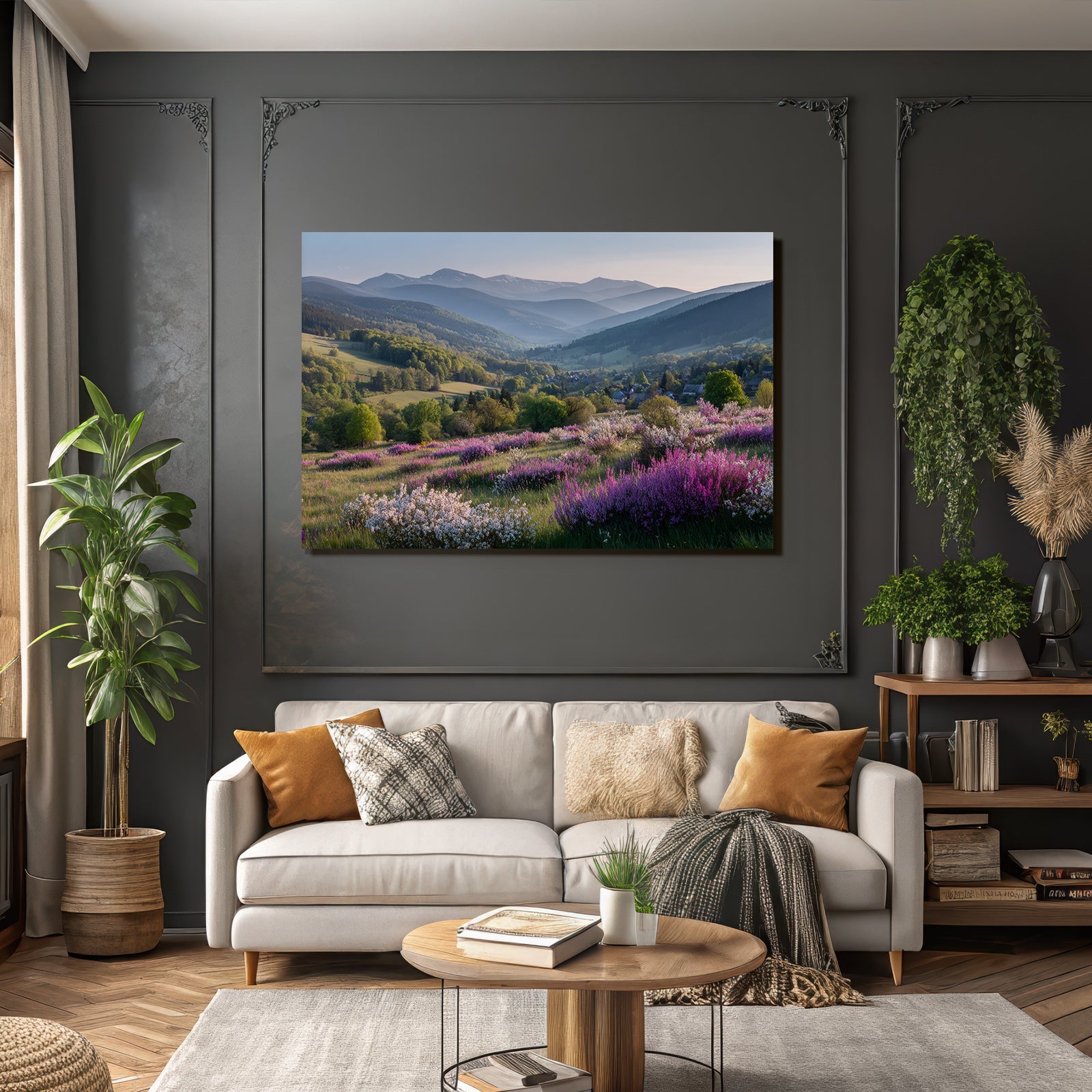 Wunderschöne Landschaft Mit Hügeln Und Blumen Im Vordergrund