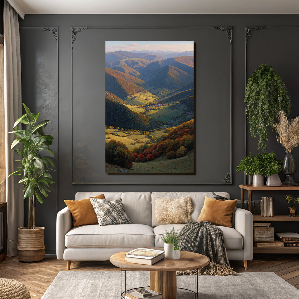 Landschaft Mit Dorf Im Tal Umgeben Von Bergen Und Hügeln