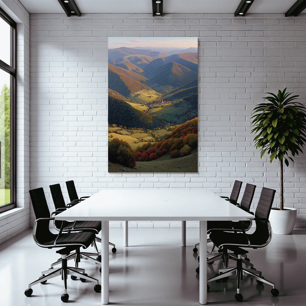 Landschaft Mit Dorf Im Tal Umgeben Von Bergen Und Hügeln