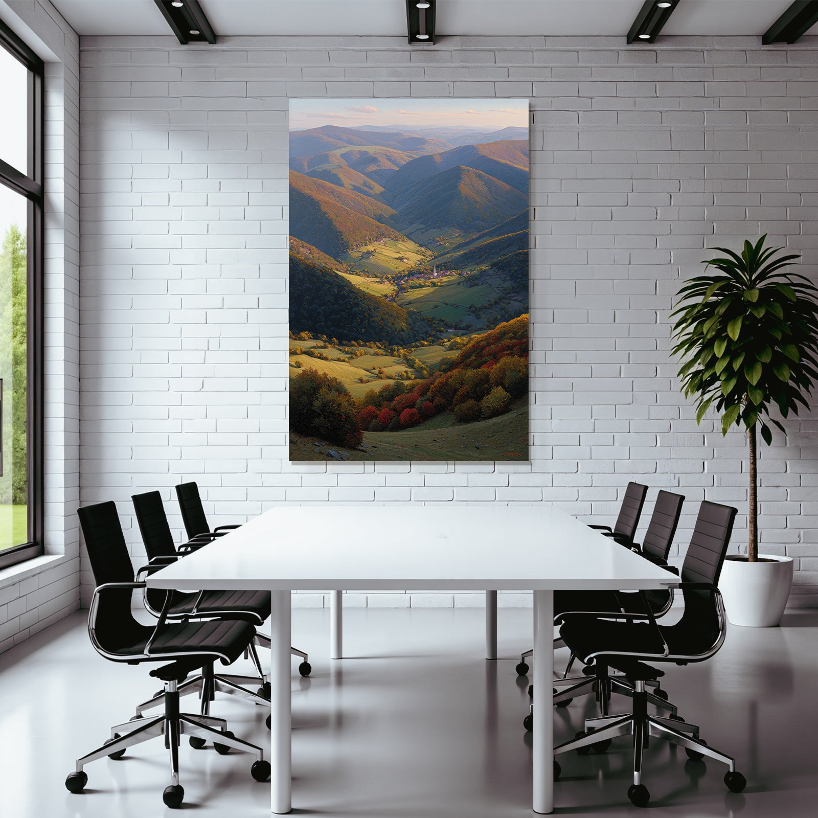 Landschaft Mit Dorf Im Tal Umgeben Von Bergen Und Hügeln