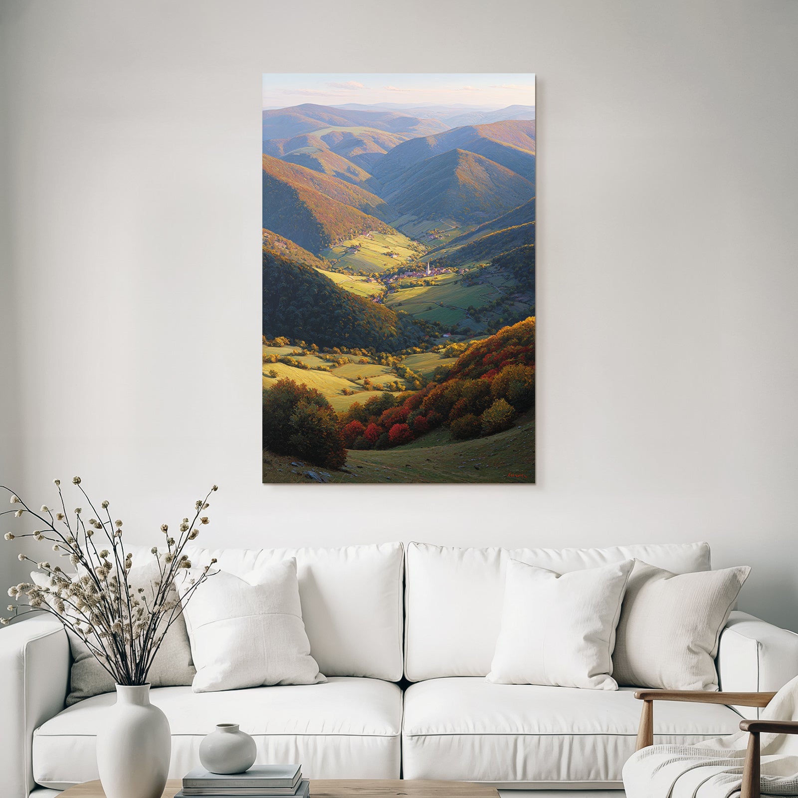 Landschaft Mit Dorf Im Tal Umgeben Von Bergen Und Hügeln