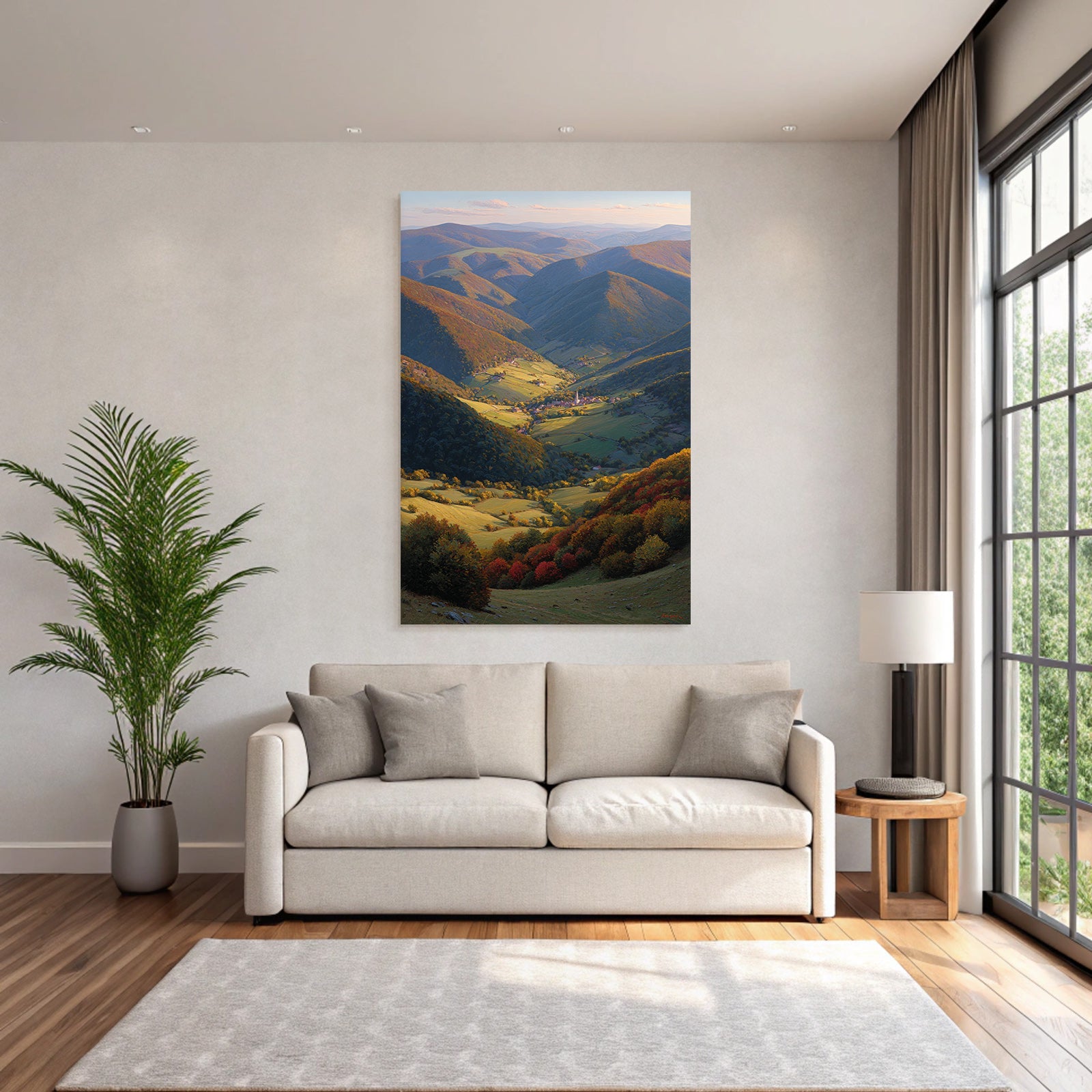 Landschaft Mit Dorf Im Tal Umgeben Von Bergen Und Hügeln