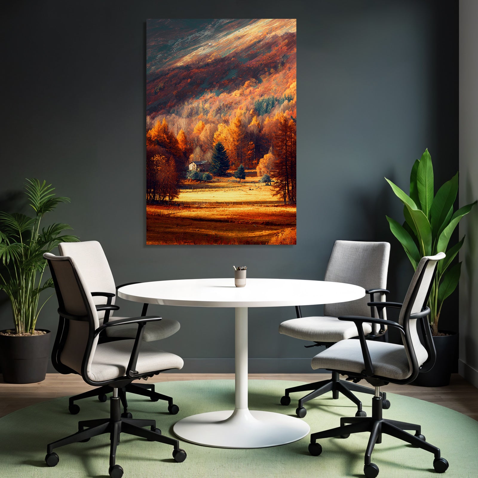 Landschaft Mit Holzhaus Und Bäumen In Fallenfarben