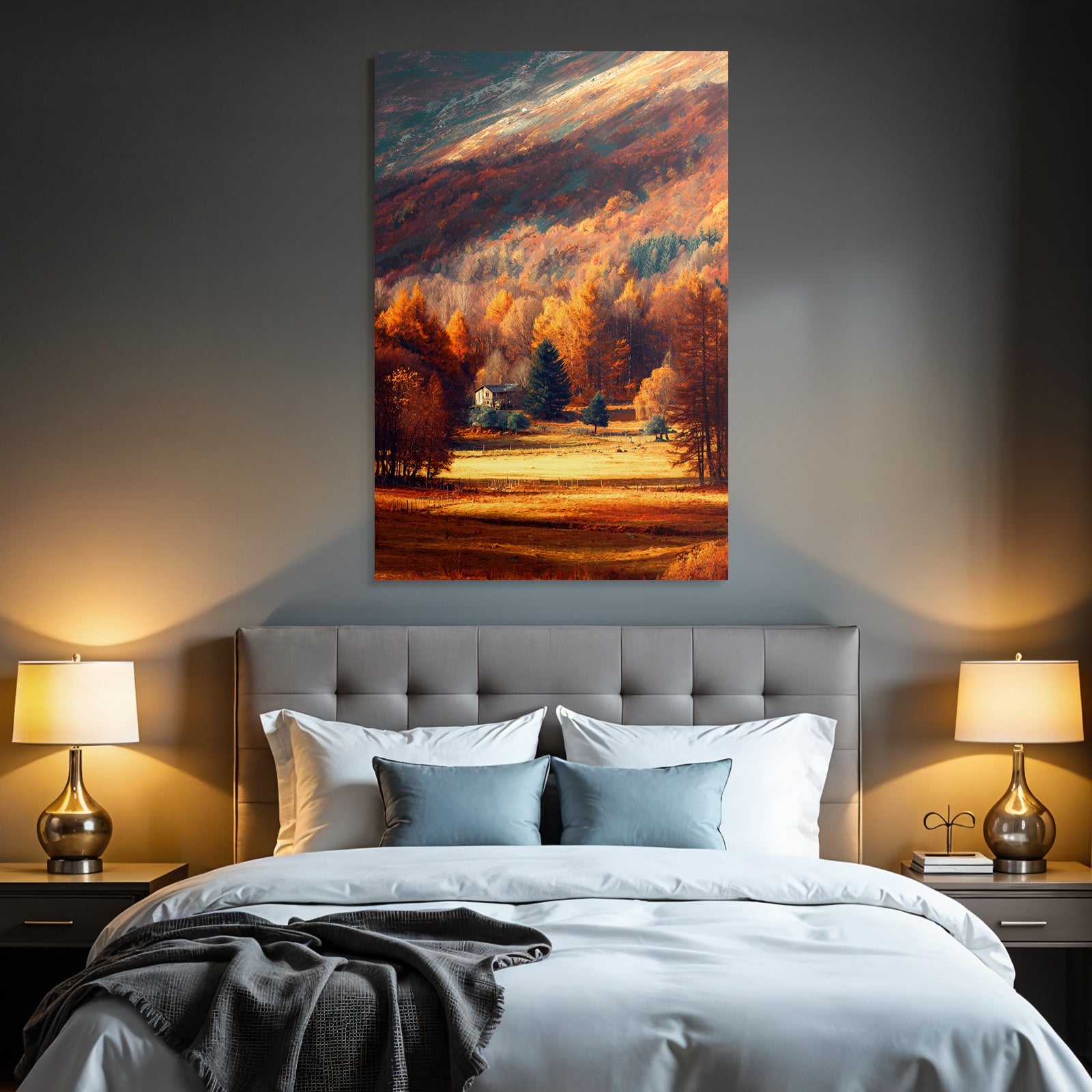 Landschaft Mit Holzhaus Und Bäumen In Fallenfarben