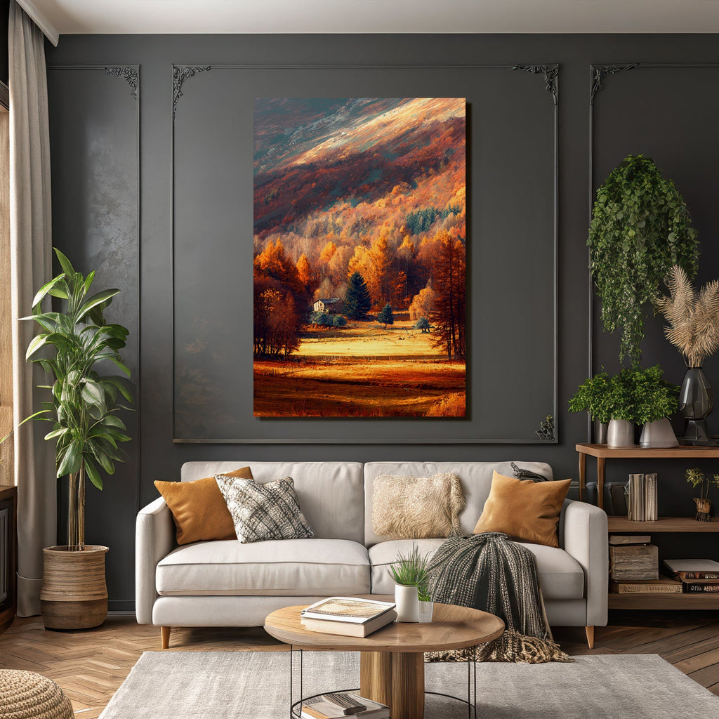 Landschaft Mit Holzhaus Und Bäumen In Fallenfarben