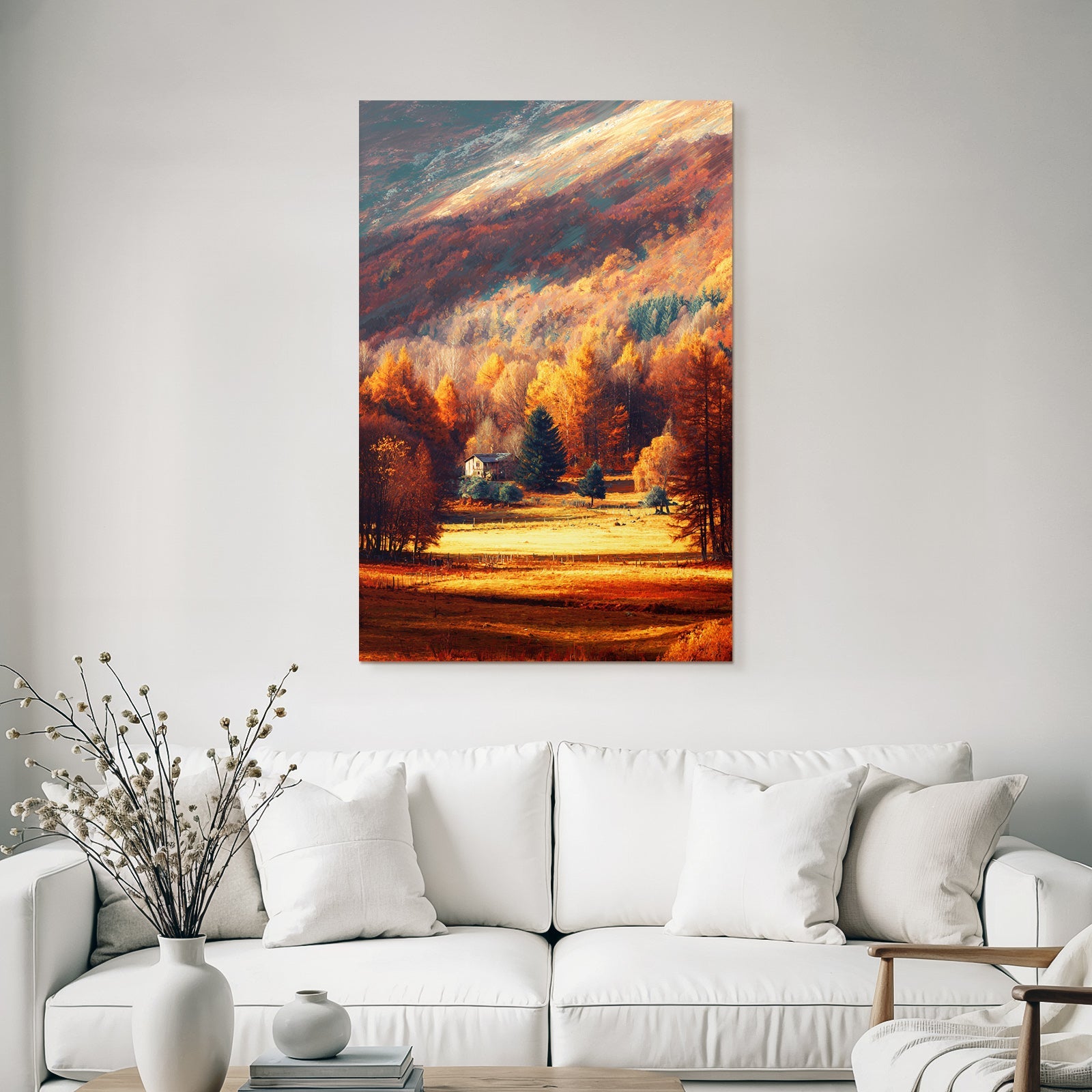 Landschaft Mit Holzhaus Und Bäumen In Fallenfarben