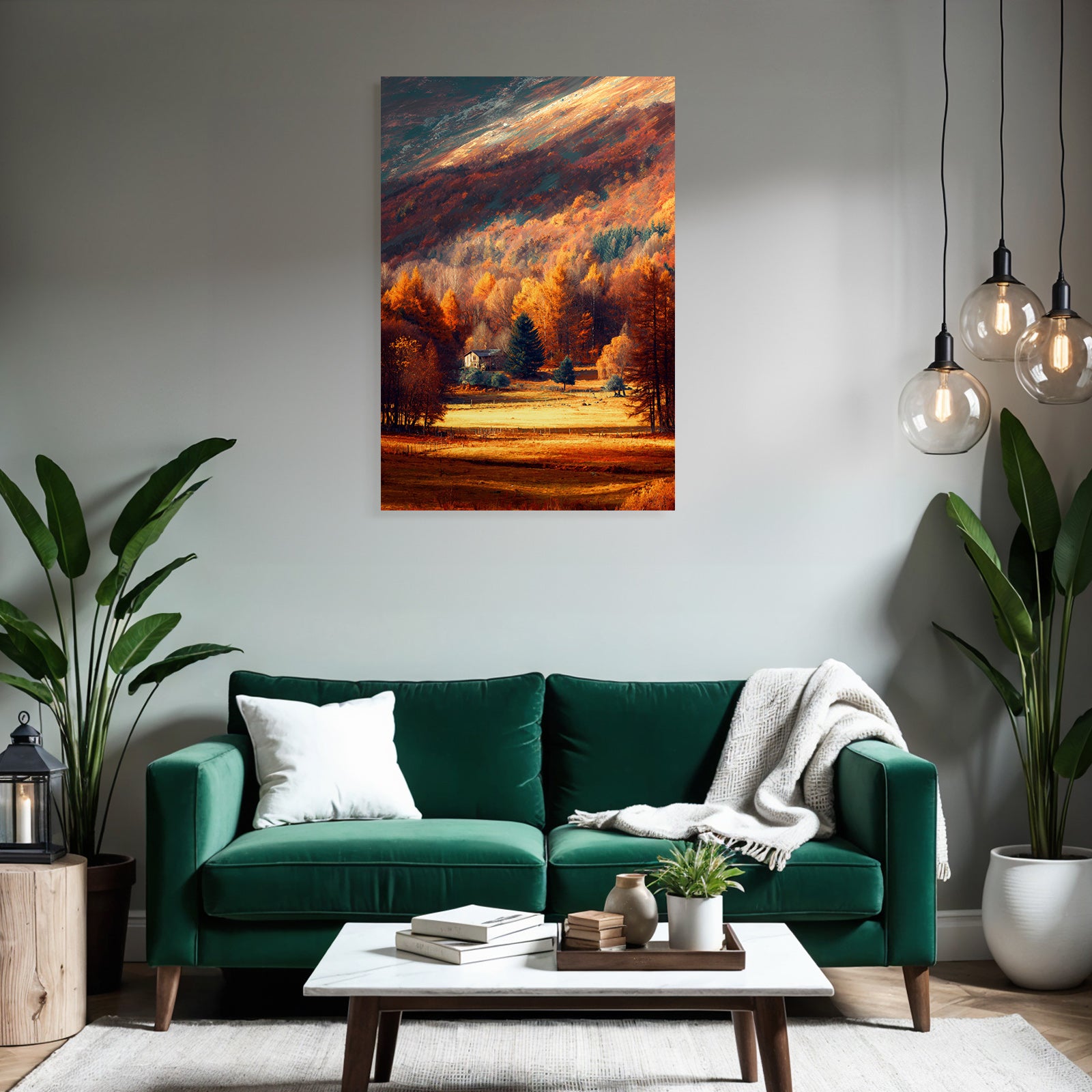 Landschaft Mit Holzhaus Und Bäumen In Fallenfarben