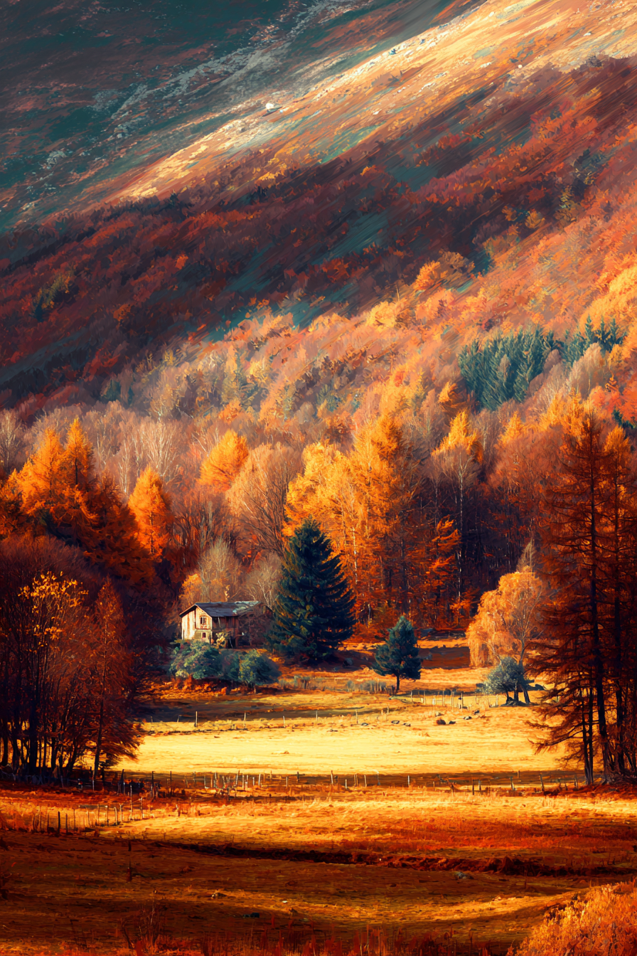 Landschaft Mit Holzhaus Und Bäumen In Fallenfarben | Herbst | Jahreszeiten