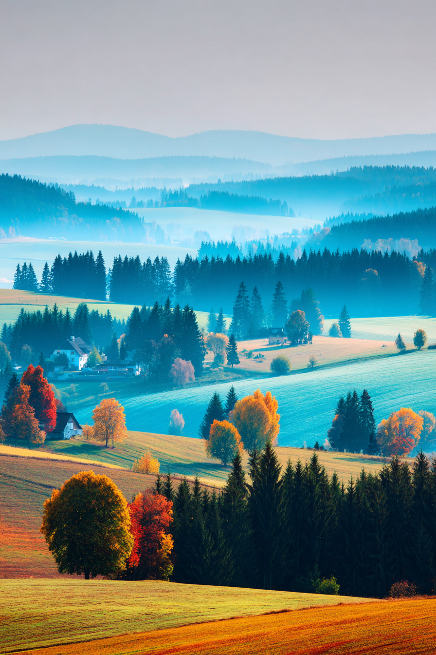 Landschaft Mit Hügeln Und Nebel | Herbst | Jahreszeiten