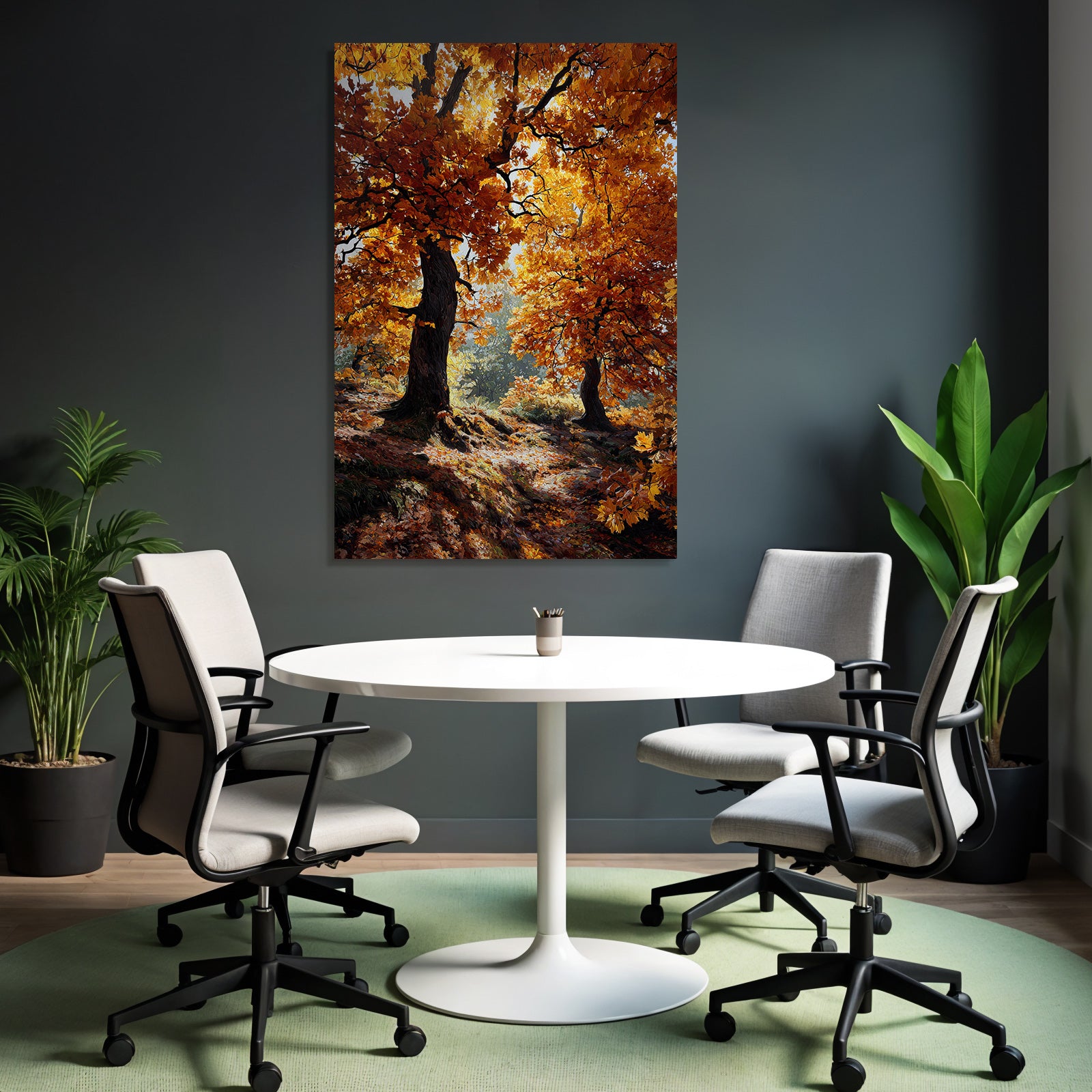 Landschaft Orange Belaubung Mit Lichtspiel Und Fallenden Blättern