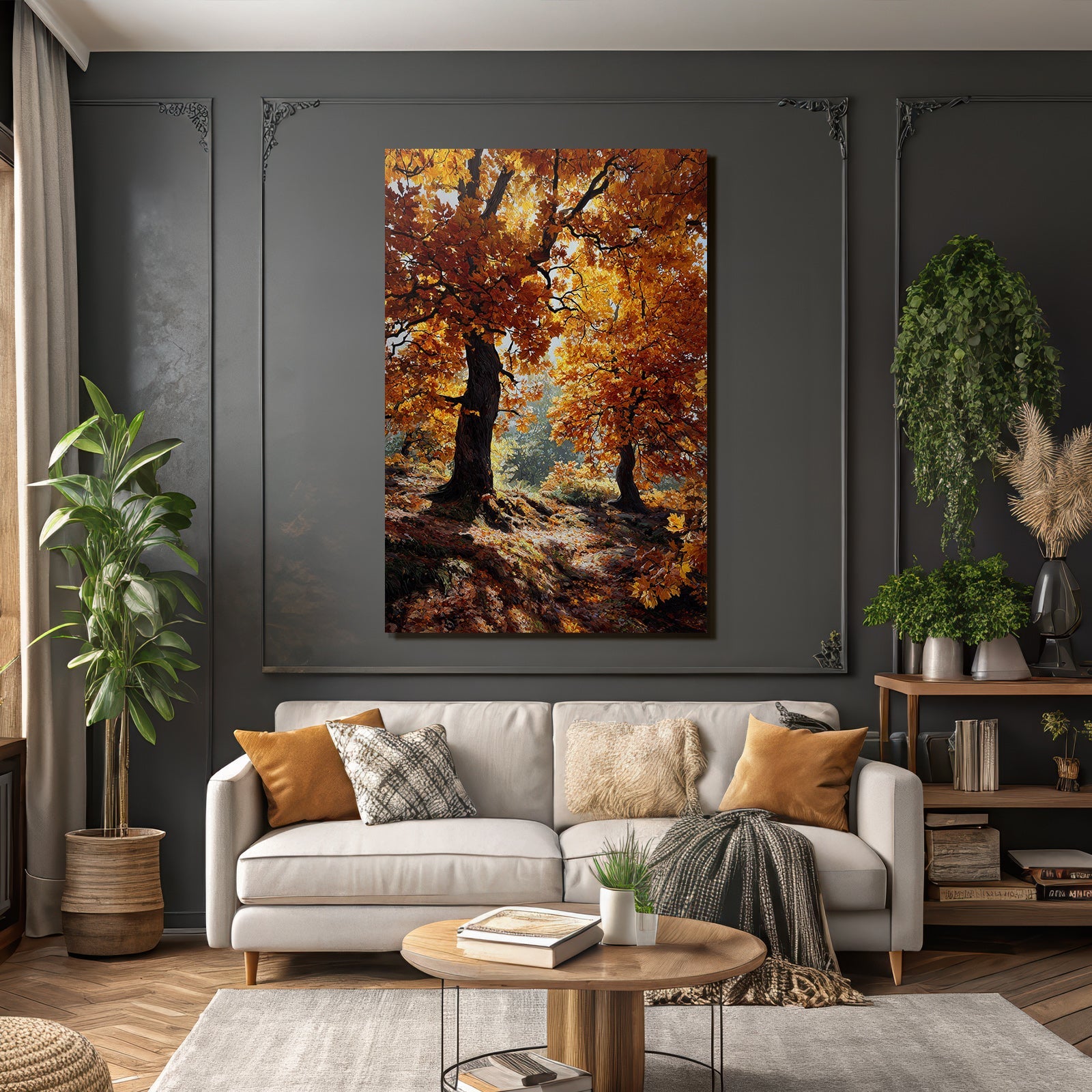 Landschaft Orange Belaubung Mit Lichtspiel Und Fallenden Blättern