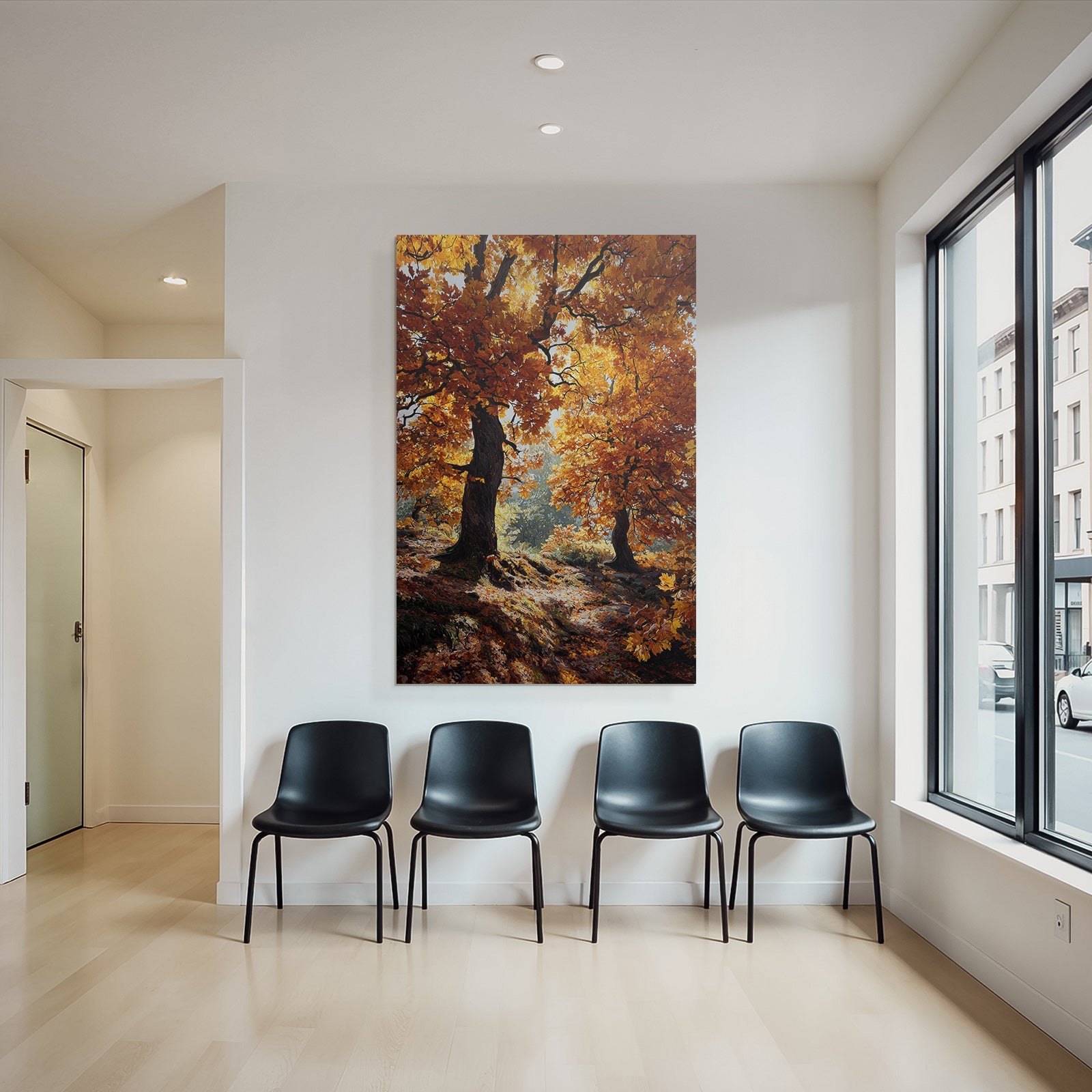 Landschaft Orange Belaubung Mit Lichtspiel Und Fallenden Blättern