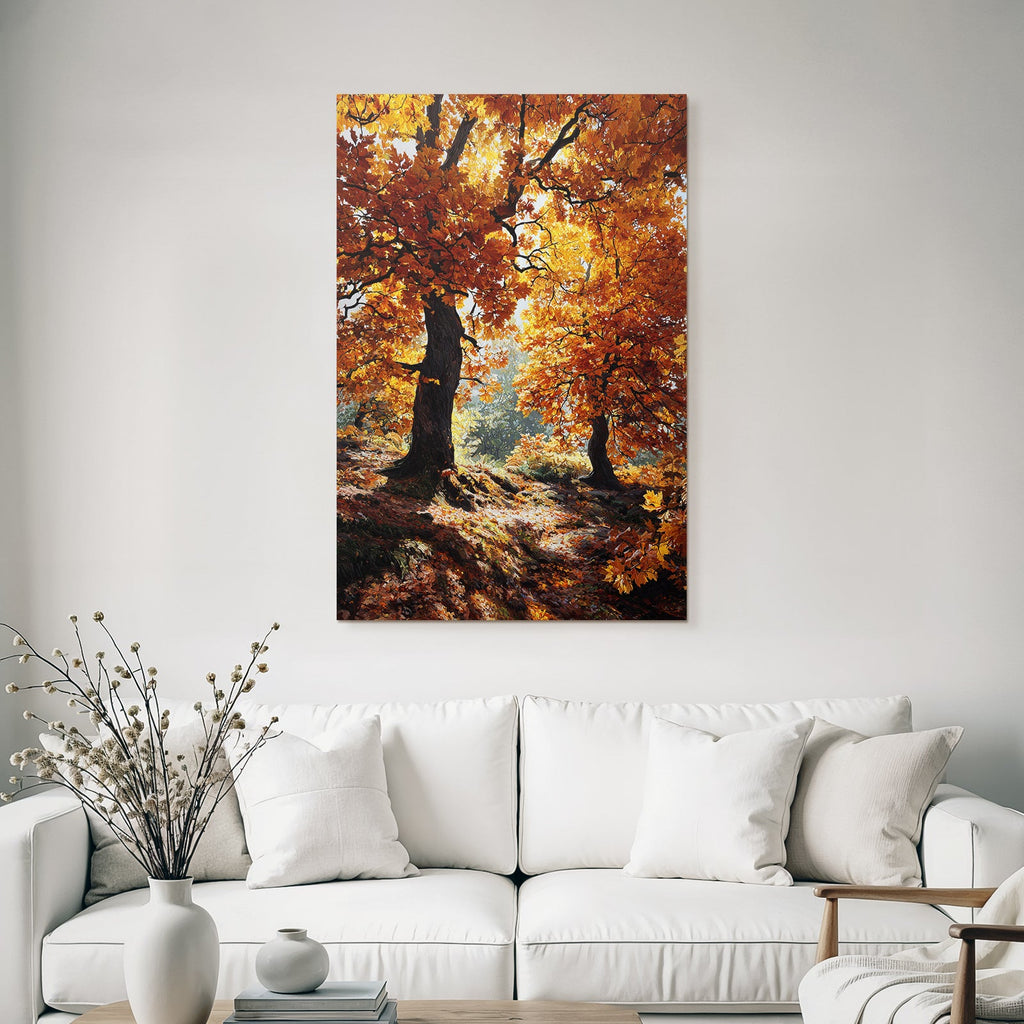 Landschaft Orange Belaubung Mit Lichtspiel Und Fallenden Blättern