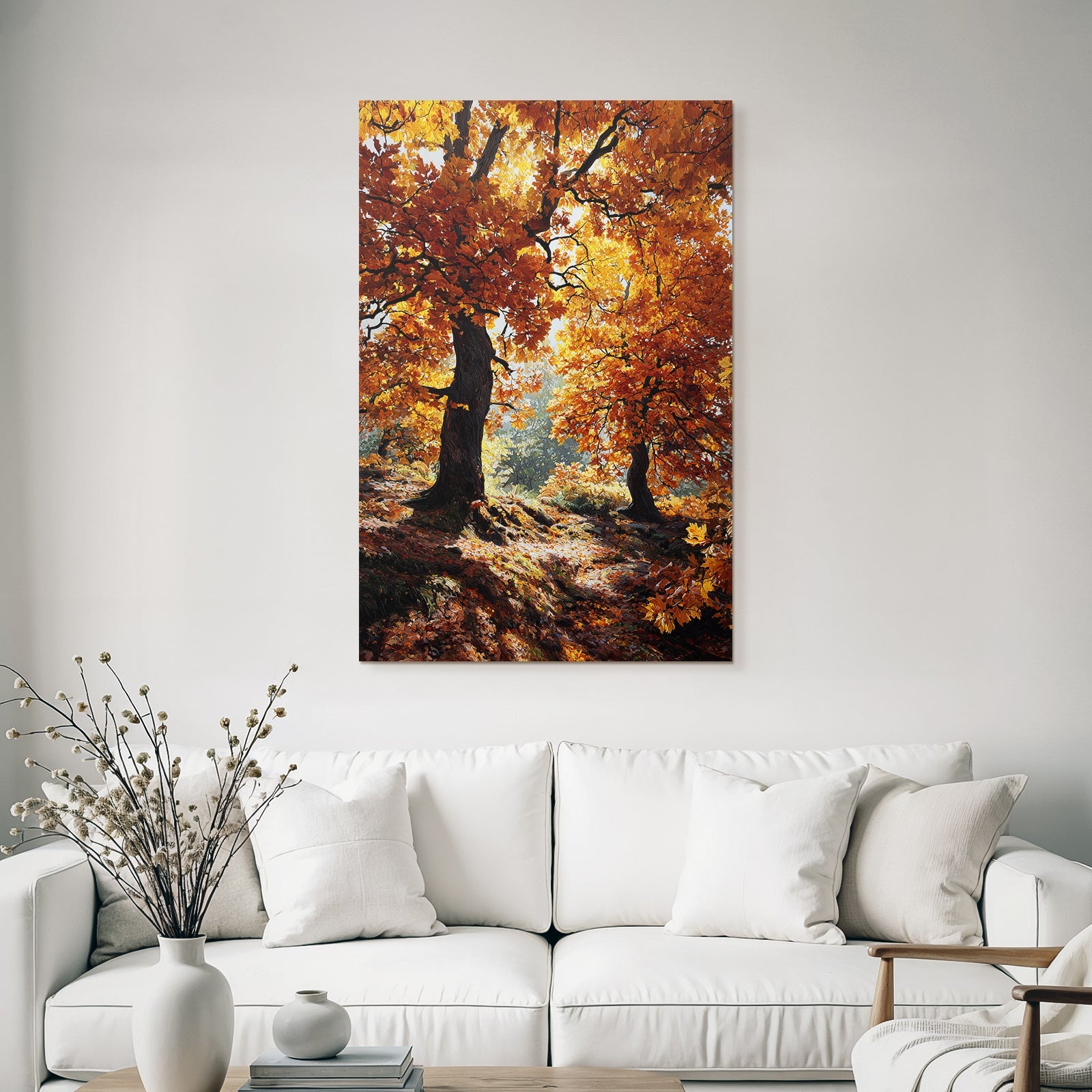 Landschaft Orange Belaubung Mit Lichtspiel Und Fallenden Blättern