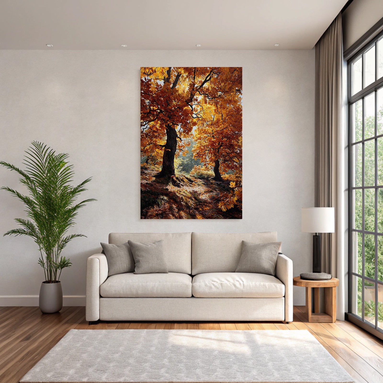 Landschaft Orange Belaubung Mit Lichtspiel Und Fallenden Blättern