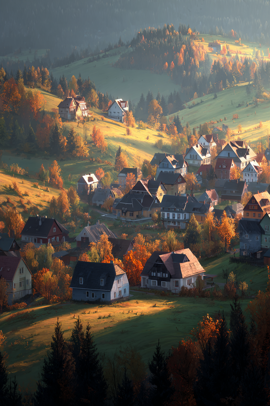 Liche Landschaft Im Tal Mit Häusern Und Hügeln | Herbst | Jahreszeiten