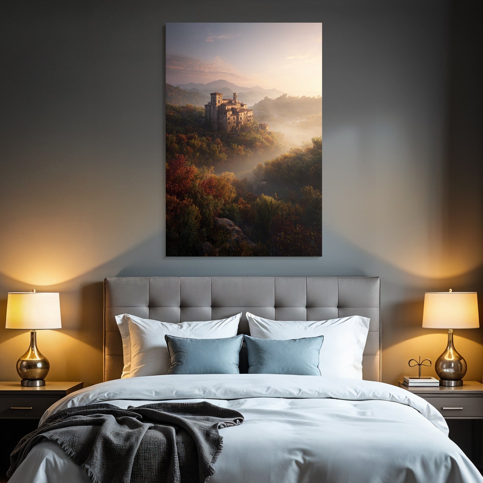 Liche Landschaft Mit Burg Im Nebel Sonnenaufgang