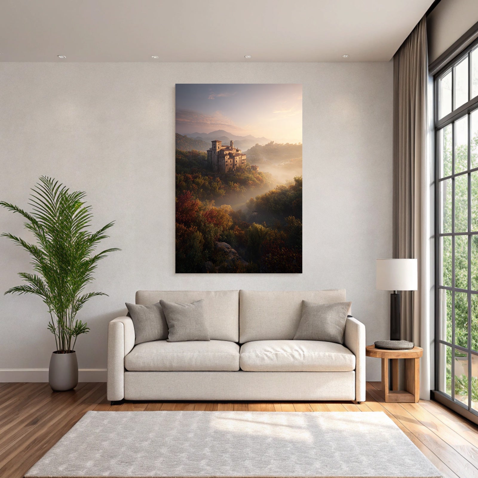 Liche Landschaft Mit Burg Im Nebel Sonnenaufgang