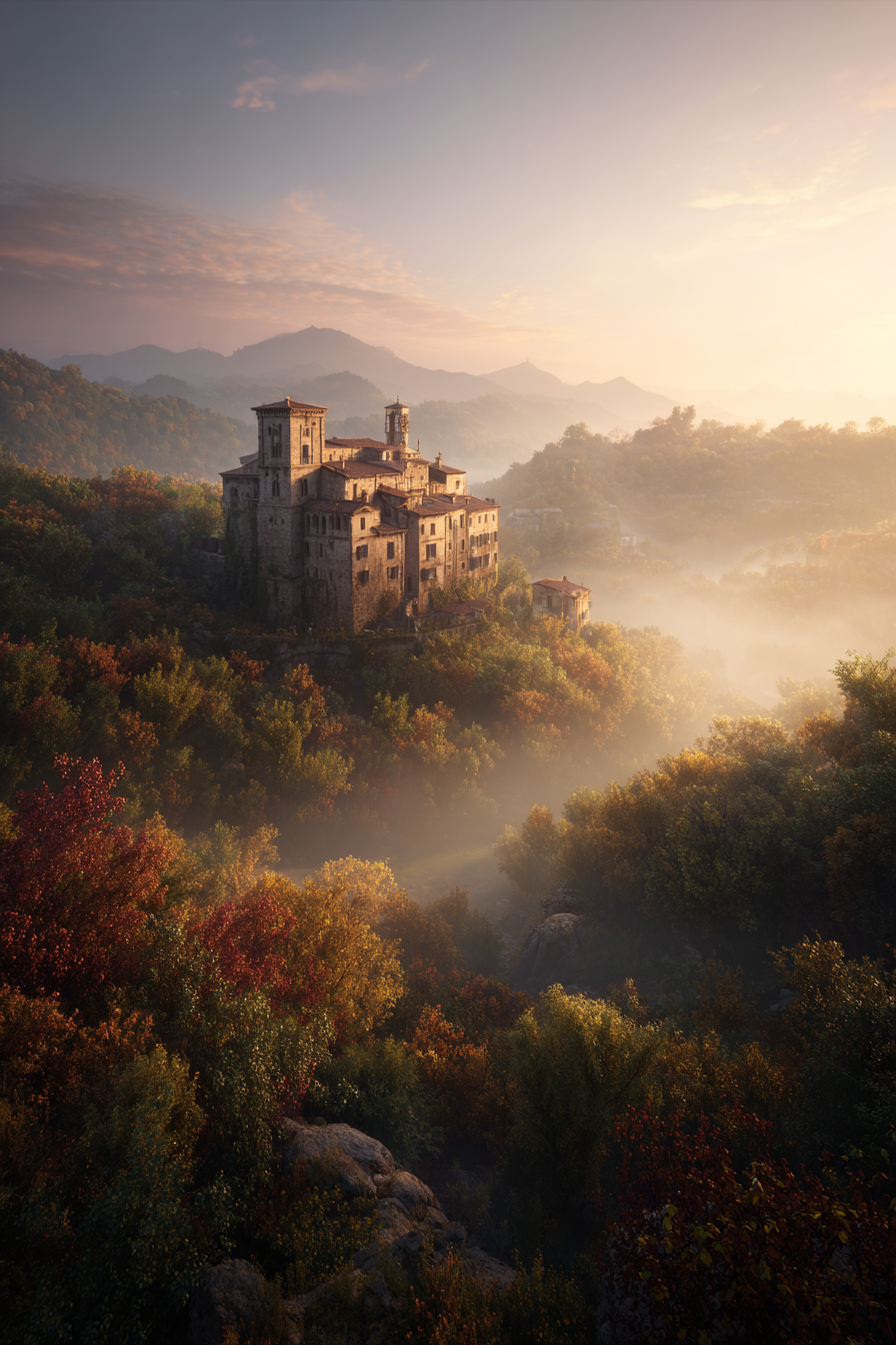 Liche Landschaft Mit Burg Im Nebel Sonnenaufgang | Herbst | Jahreszeiten