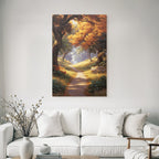 Light forest landscape with path and colorful leaves