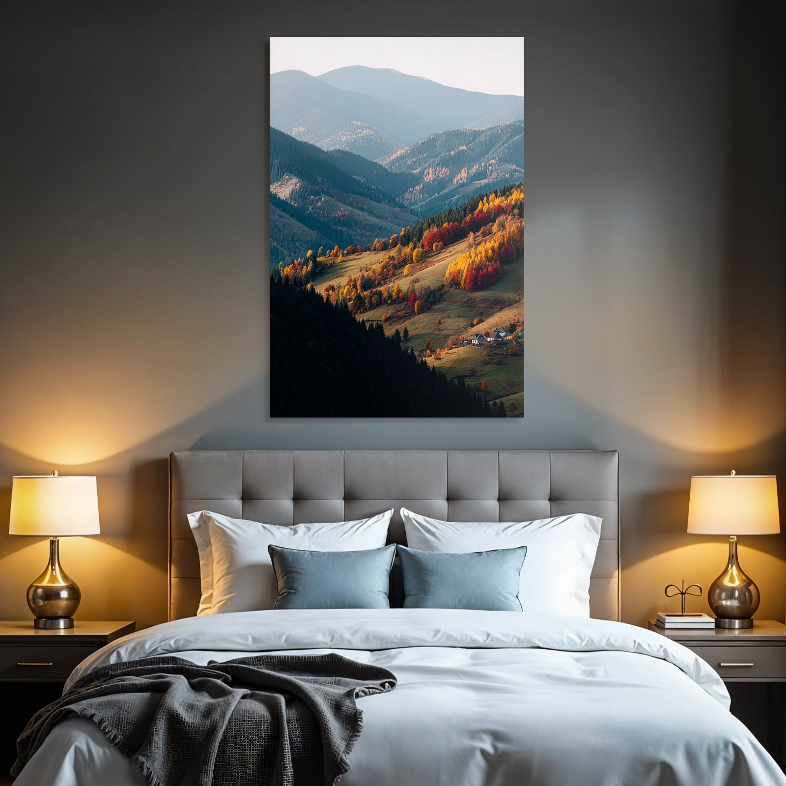 Malerische Berglandschaft Im Mit Farbenfrohen Bäumen Und Häusern