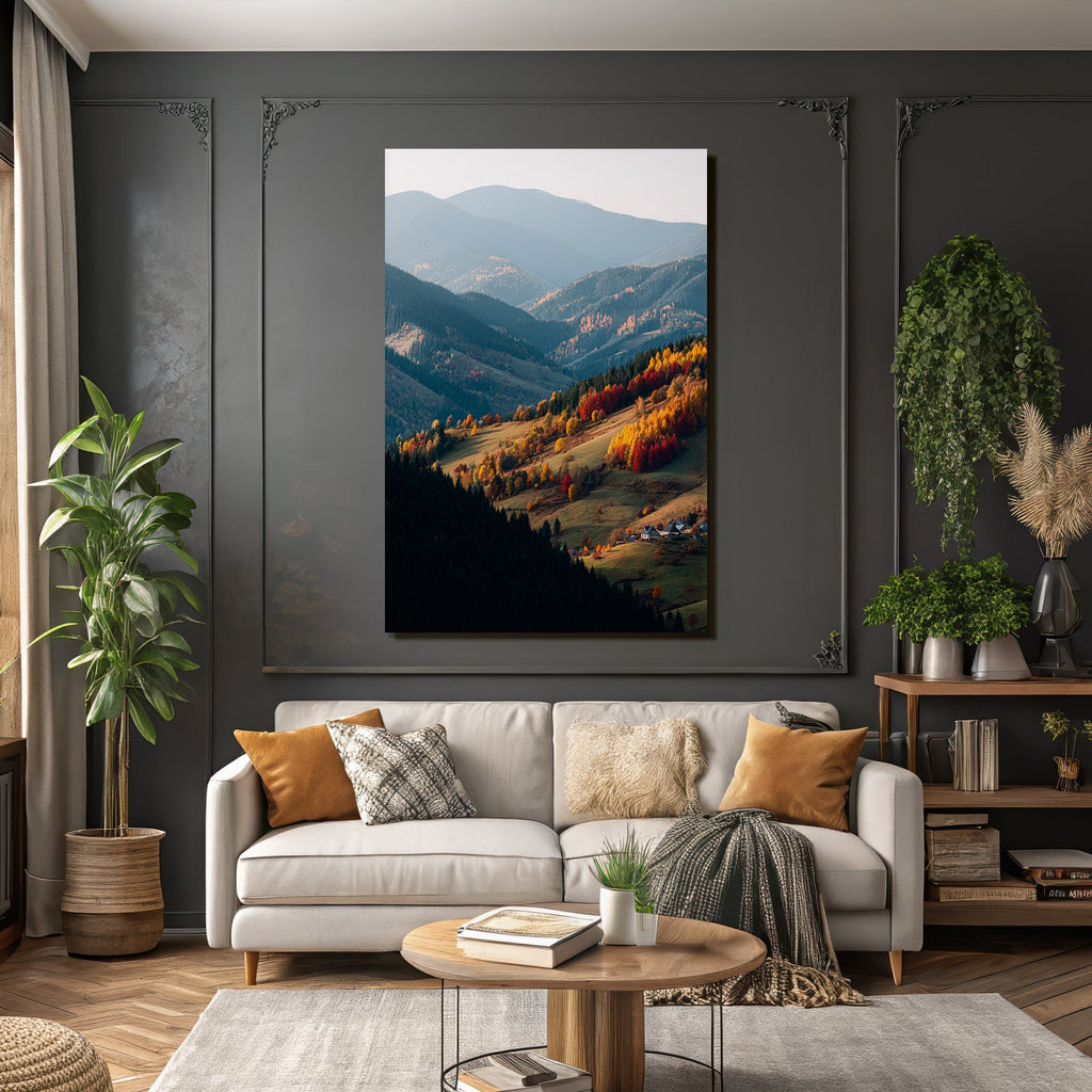 Malerische Berglandschaft Im Mit Farbenfrohen Bäumen Und Häusern