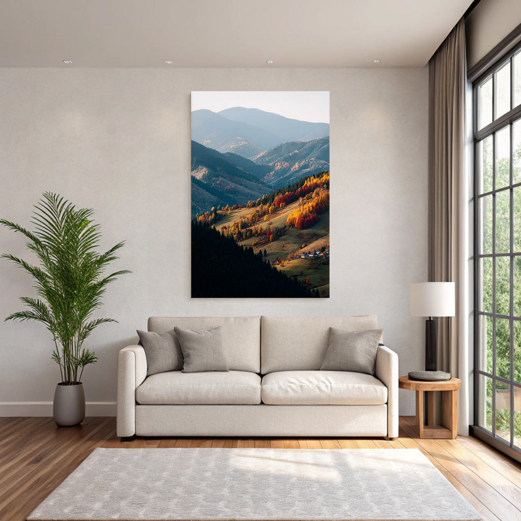 Malerische Berglandschaft Im Mit Farbenfrohen Bäumen Und Häusern