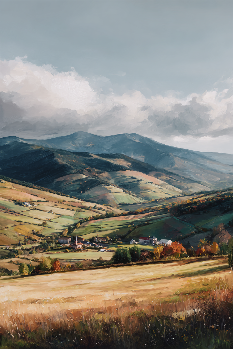 Malerische Landschaft Mit Hügeln Und Bergen Unter Einem Wolkigen Himmel | Herbst | Jahreszeiten