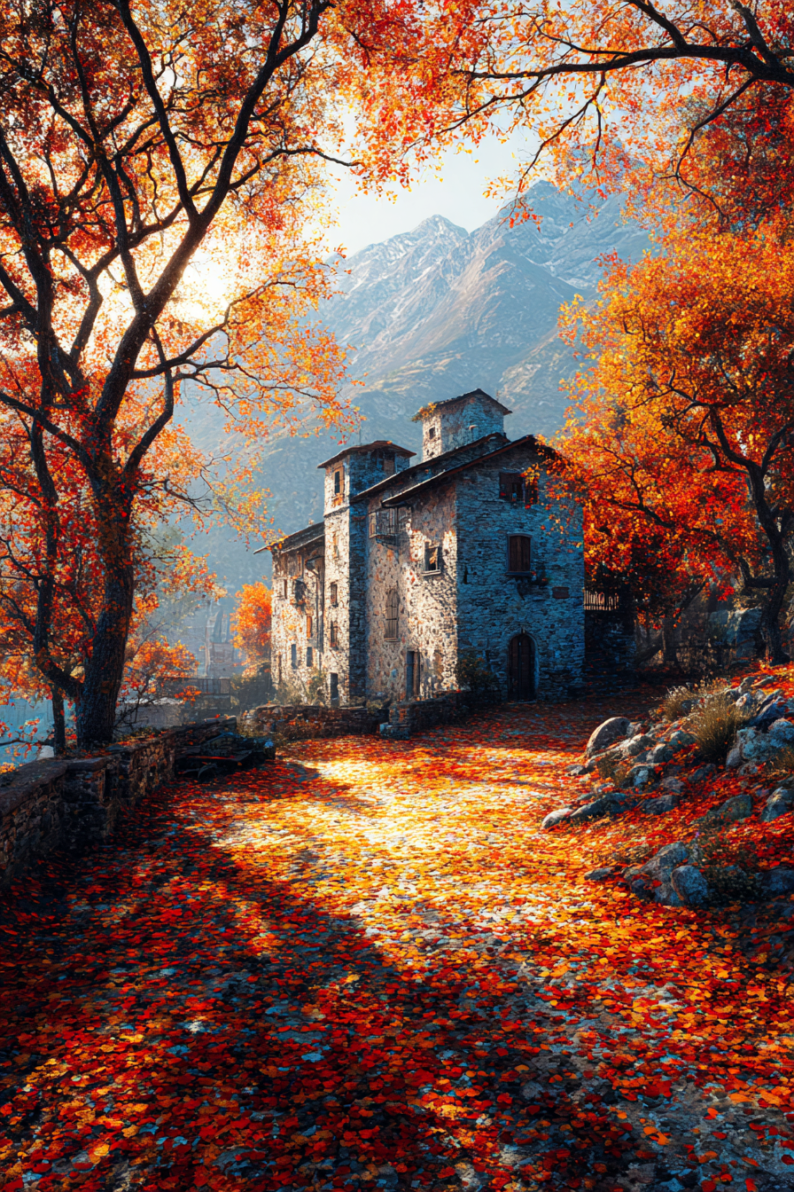 SteinHaus Umgeben Von Laub Mit Bergen Im Hintergrund | Herbst | Jahreszeiten
