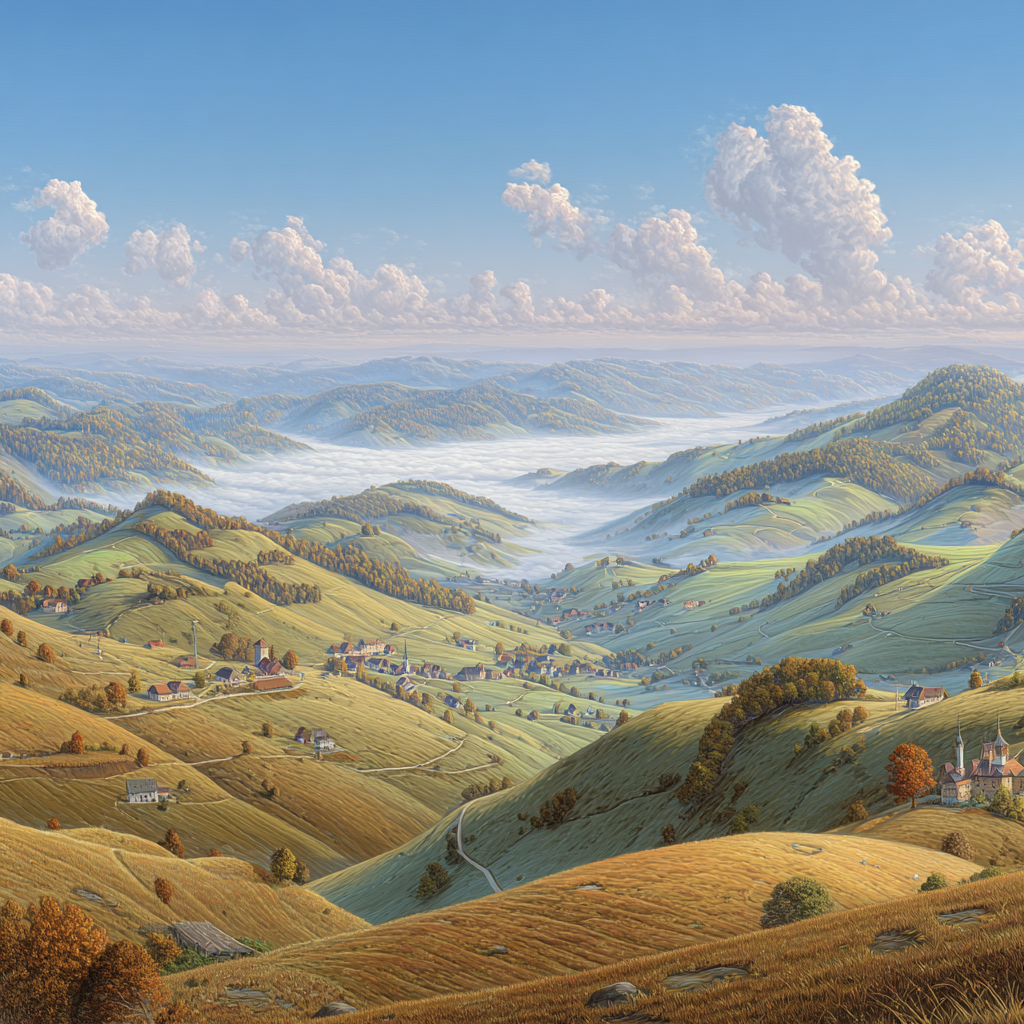 Friedliche Landschaft Rollende Hügel Licher Tag Mit Nebel | Herbst | Jahreszeiten