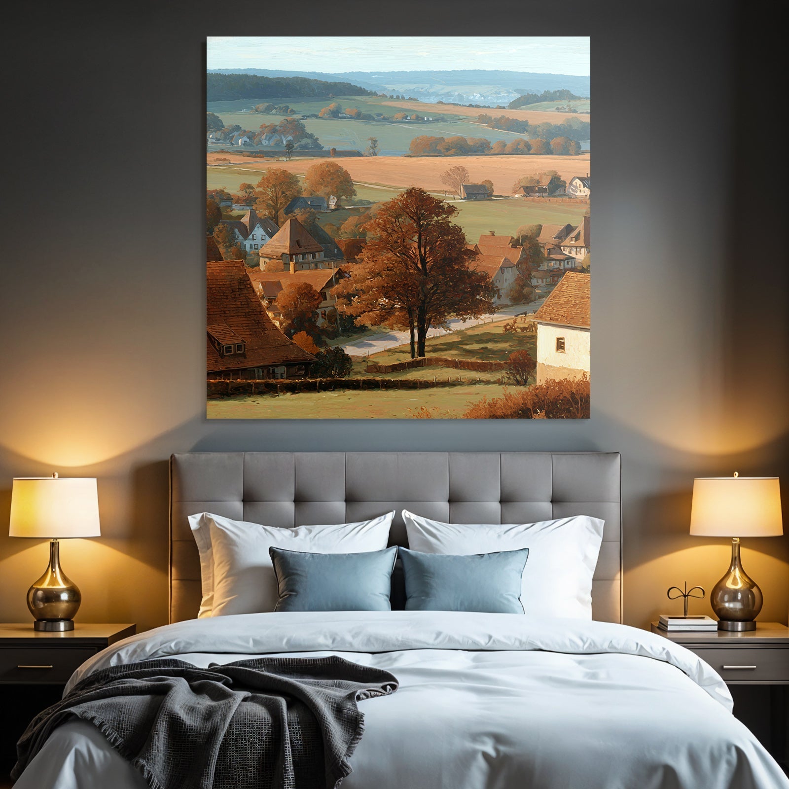 Ländliche Landschaft Liche Farben Häuser Bäume Rollende Hügel