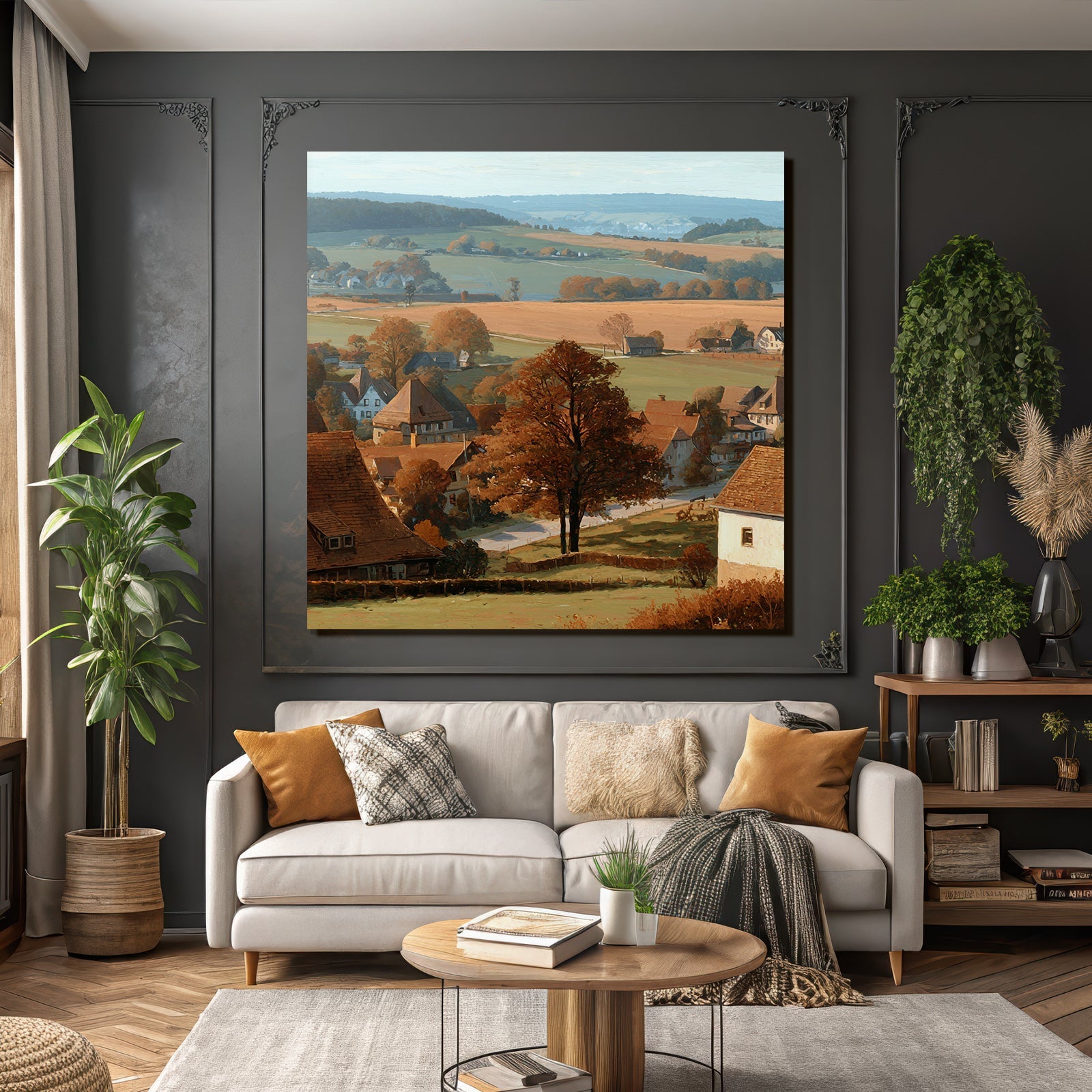 Ländliche Landschaft Liche Farben Häuser Bäume Rollende Hügel