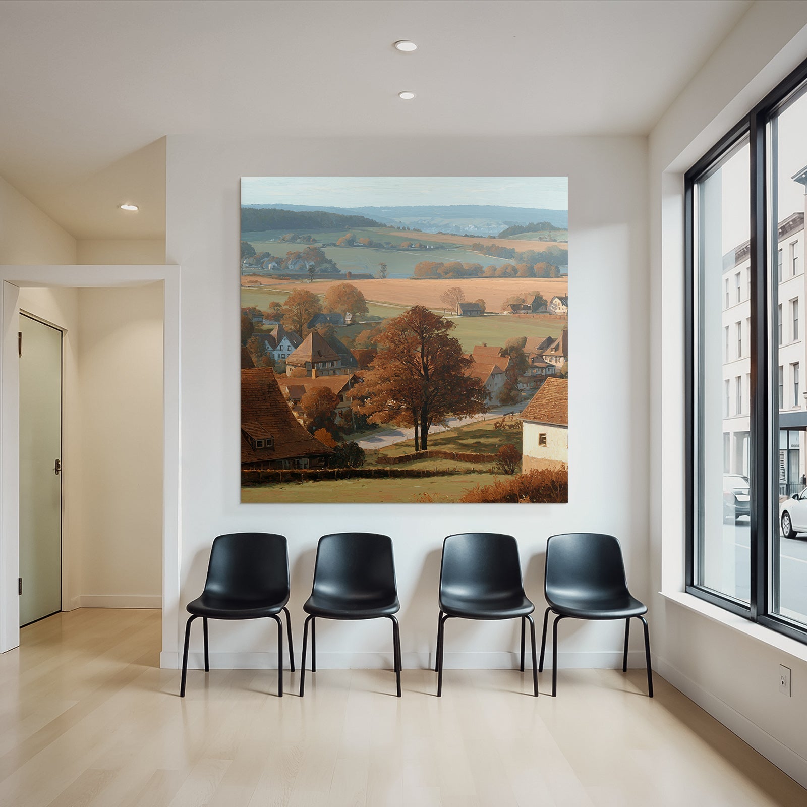 Ländliche Landschaft Liche Farben Häuser Bäume Rollende Hügel