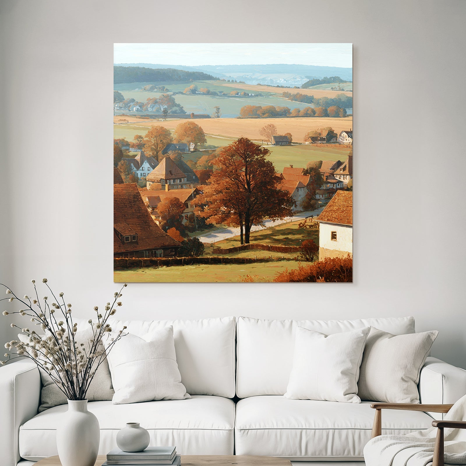 Ländliche Landschaft Liche Farben Häuser Bäume Rollende Hügel
