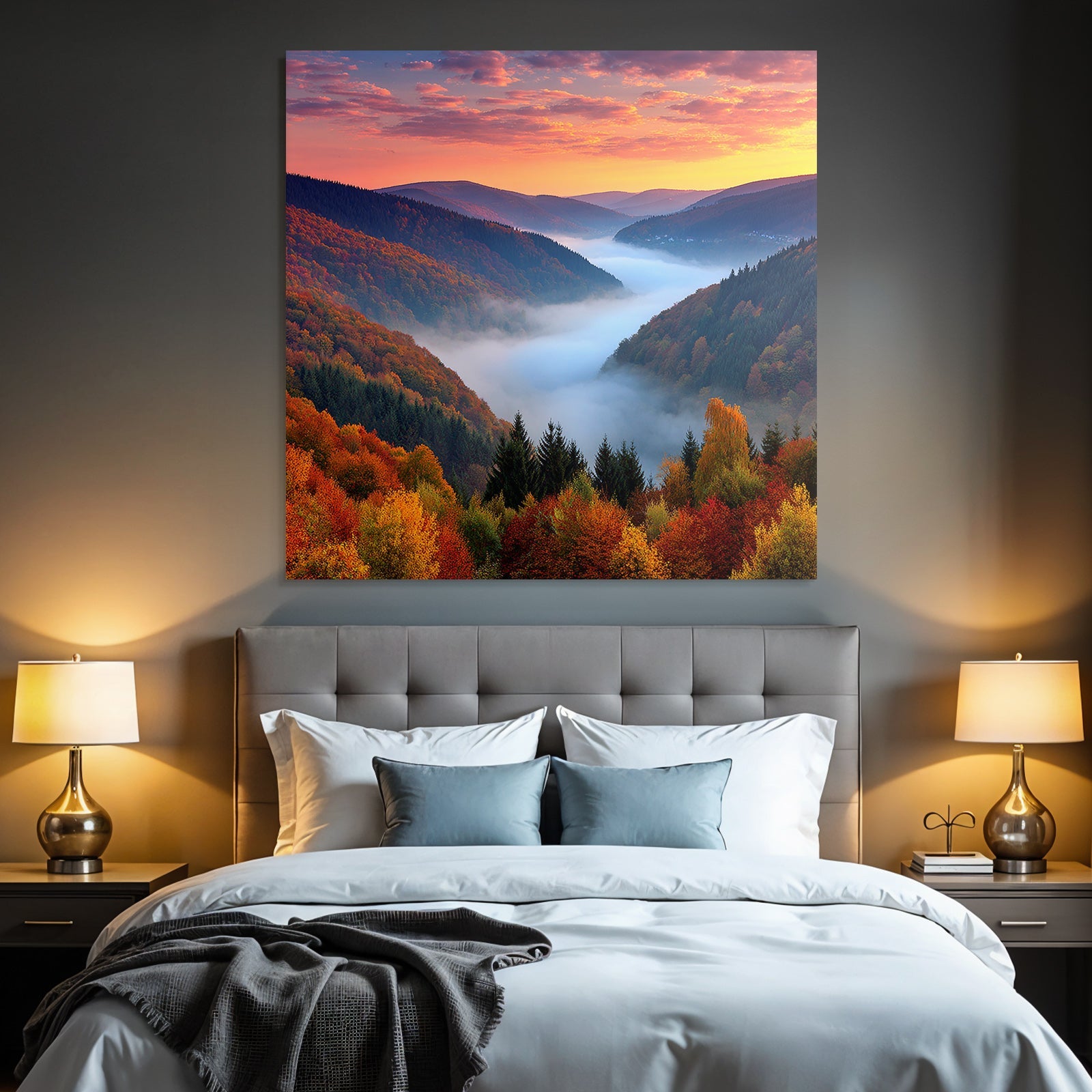 Landschaft Mit Bergen Und Nebel Im Tal Beim Sonnenuntergang