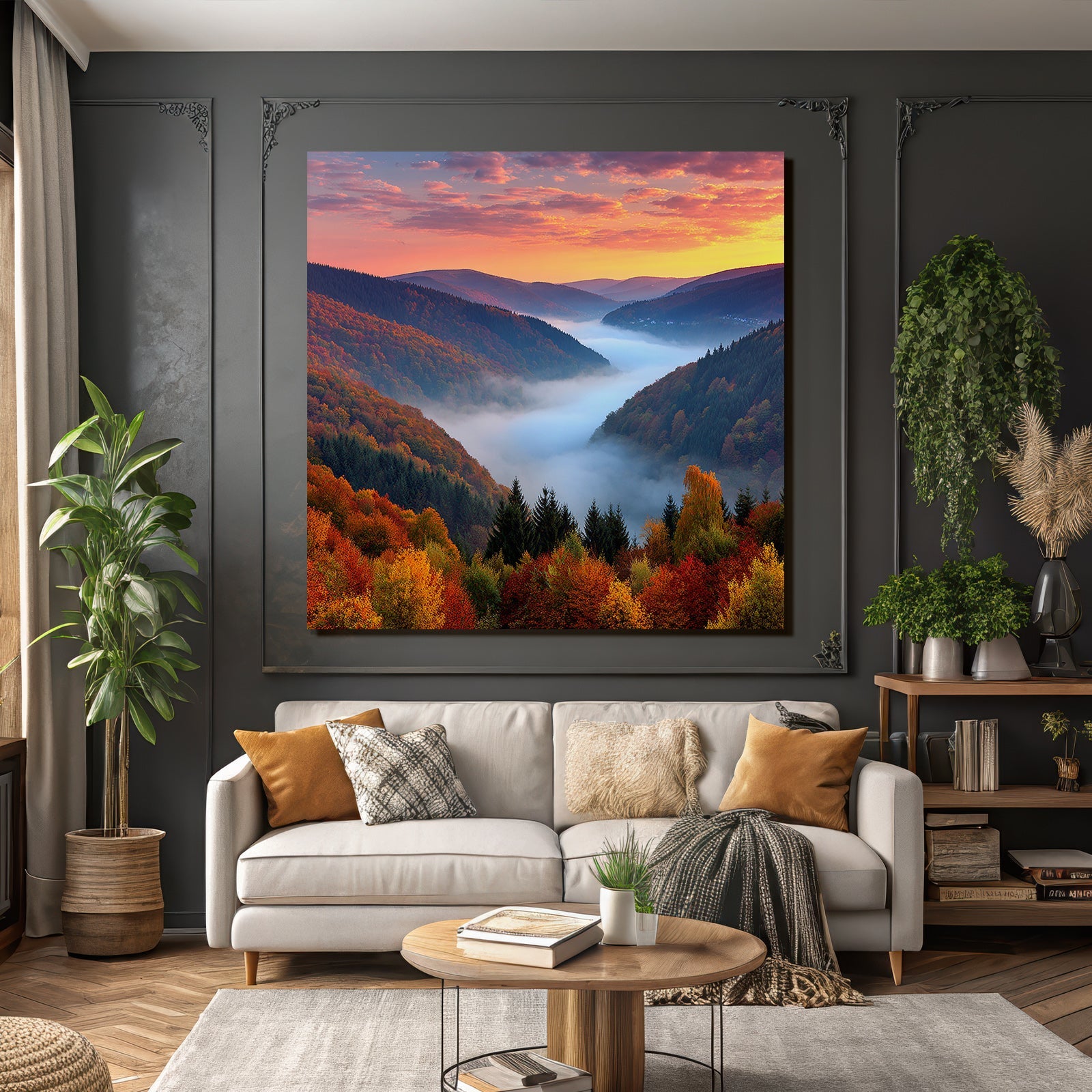 Landschaft Mit Bergen Und Nebel Im Tal Beim Sonnenuntergang