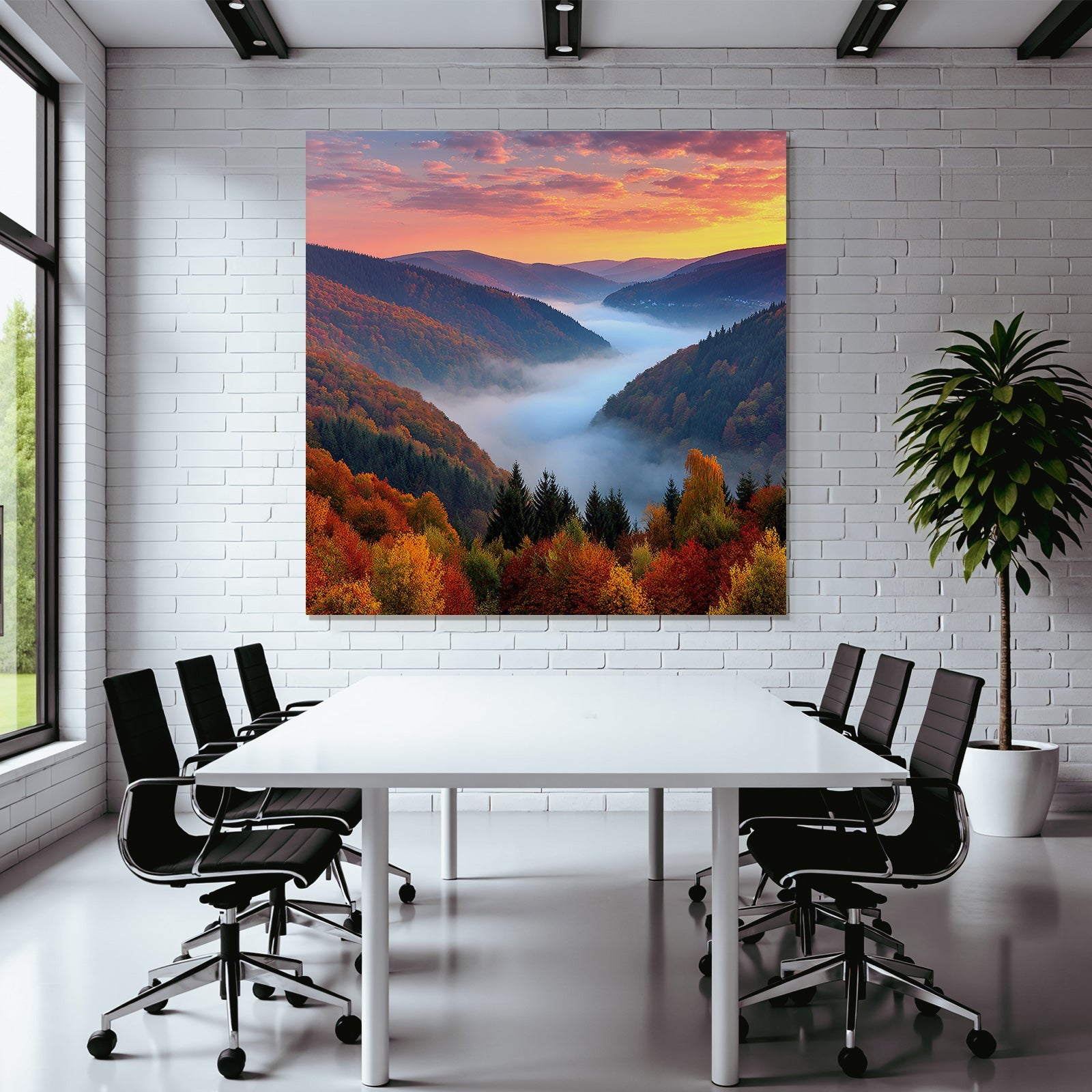 Landschaft Mit Bergen Und Nebel Im Tal Beim Sonnenuntergang