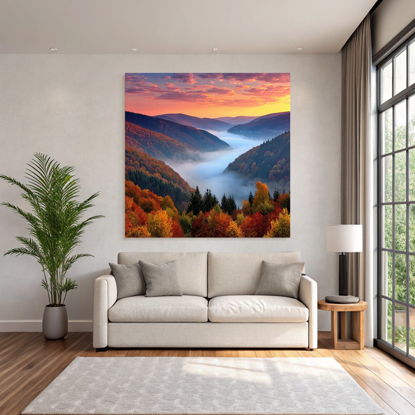 Landschaft Mit Bergen Und Nebel Im Tal Beim Sonnenuntergang